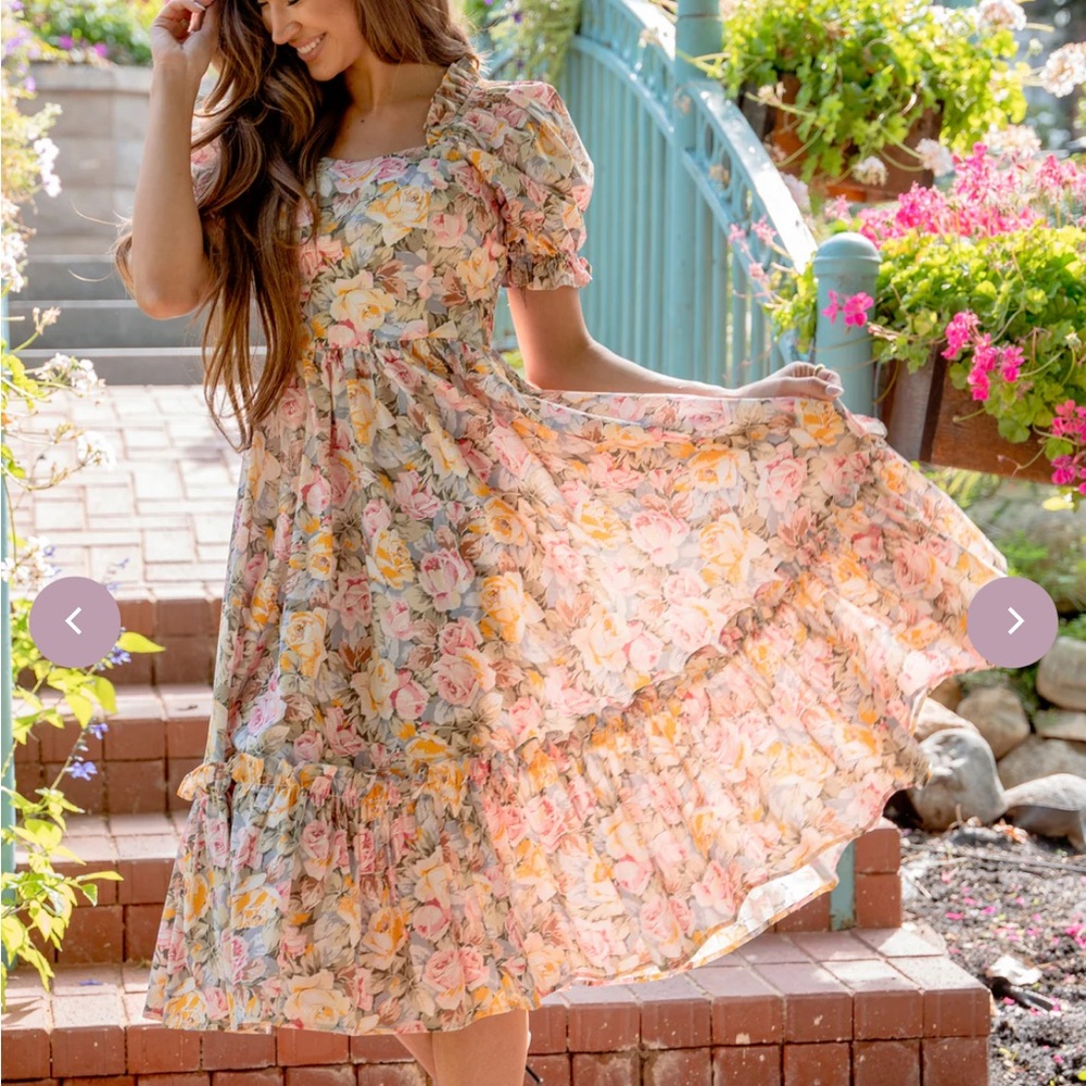 DM Fashion April Ivory Cottage Rose Floral Dress
